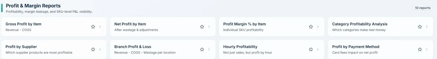 TajerGo reports library showing profit and margin reports such as gross profit by item and profit margin by item, demonstration data
