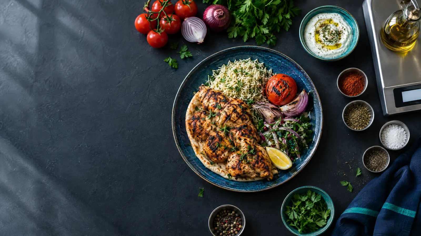 Illustrative image: top-down view of a plated grilled chicken dish with fresh ingredients and a portion scale on a dark counter