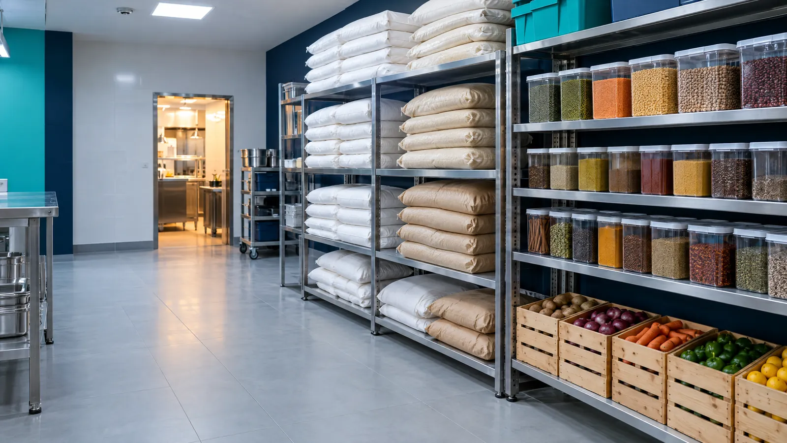 Illustrative image: well stocked restaurant dry store with steel shelving, dry goods containers and produce crates
