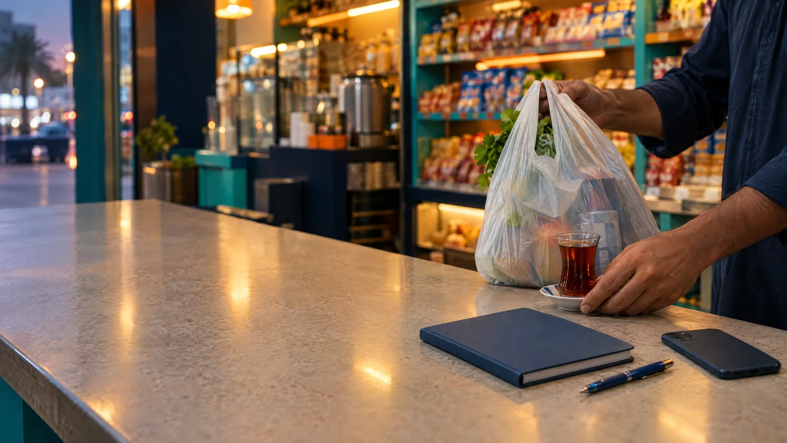 Illustrative image: neighbourhood cafeteria counter with a regular customer, a tea glass, a closed ledger notebook and a phone