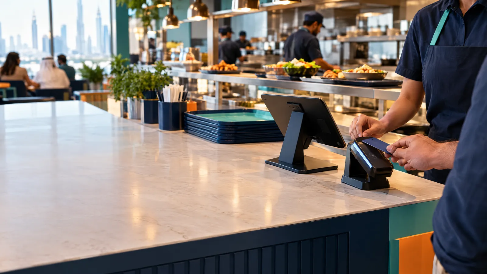 Illustrative image: busy restaurant order counter with a customer tapping a card and a tablet POS on a stand