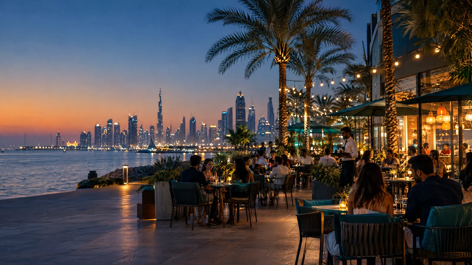 Illustrative image: busy cafe terrace in Dubai at dusk with guests at tables and the skyline behind