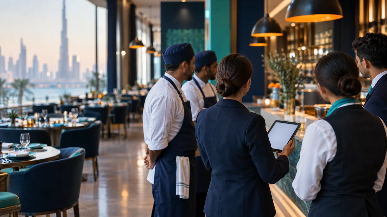 Illustrative image: restaurant team gathered for a pre-service briefing with a manager holding a tablet