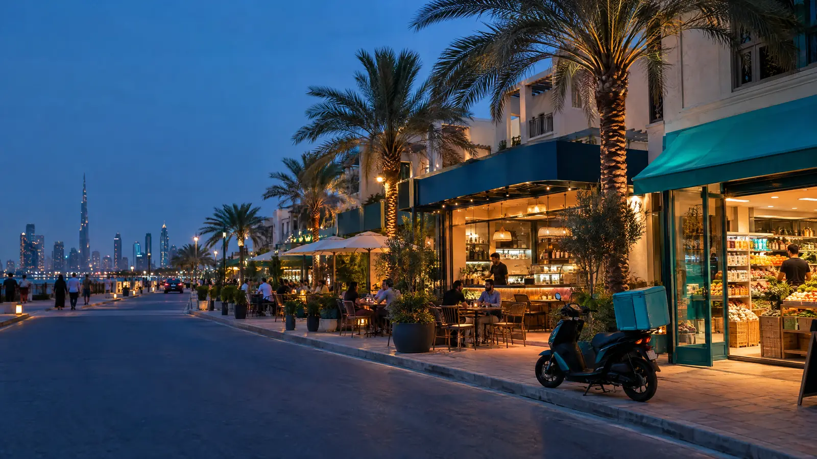Illustrative image: dubai neighbourhood street at blue hour with a cafe, a restaurant and a grocery shop