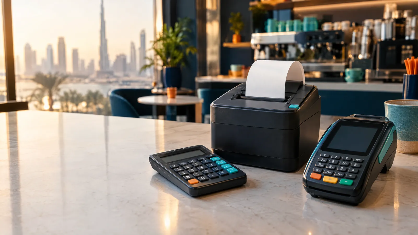 Illustrative image: cafe counter with a receipt printer, a calculator and a card terminal at golden hour