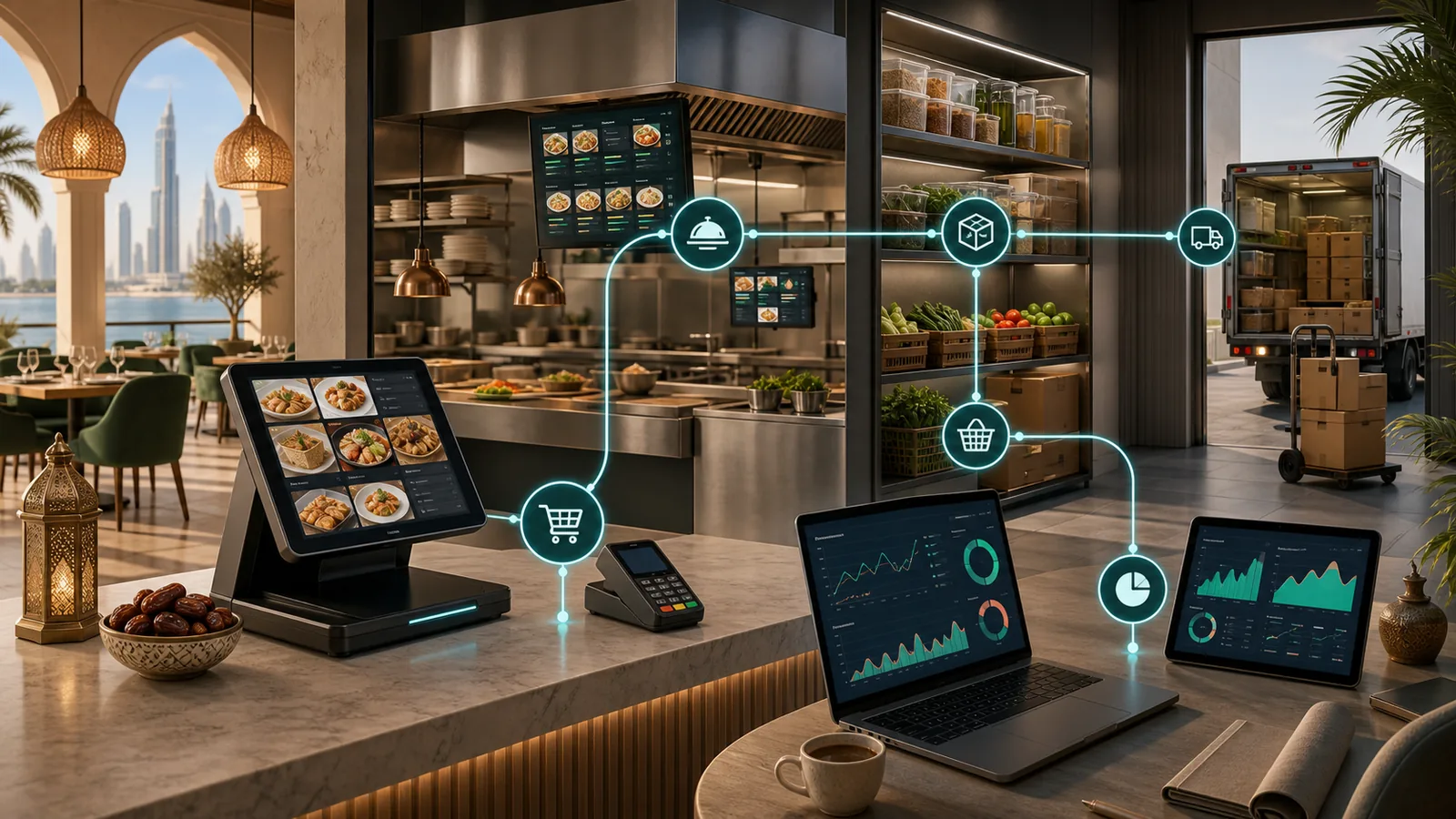 Connected restaurant POS, kitchen, inventory, purchasing and analytics workflow