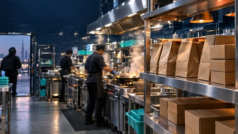 Illustrative photo of a cloud kitchen line with sealed delivery bags on the pickup shelf