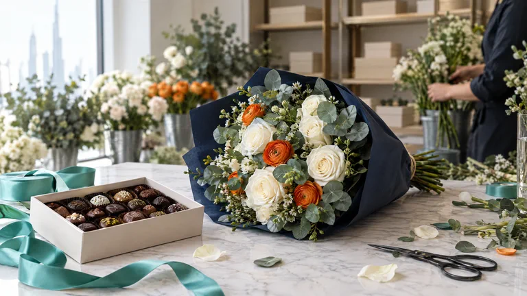 Illustrative photo of a flower and chocolate atelier with bouquets on the workbench