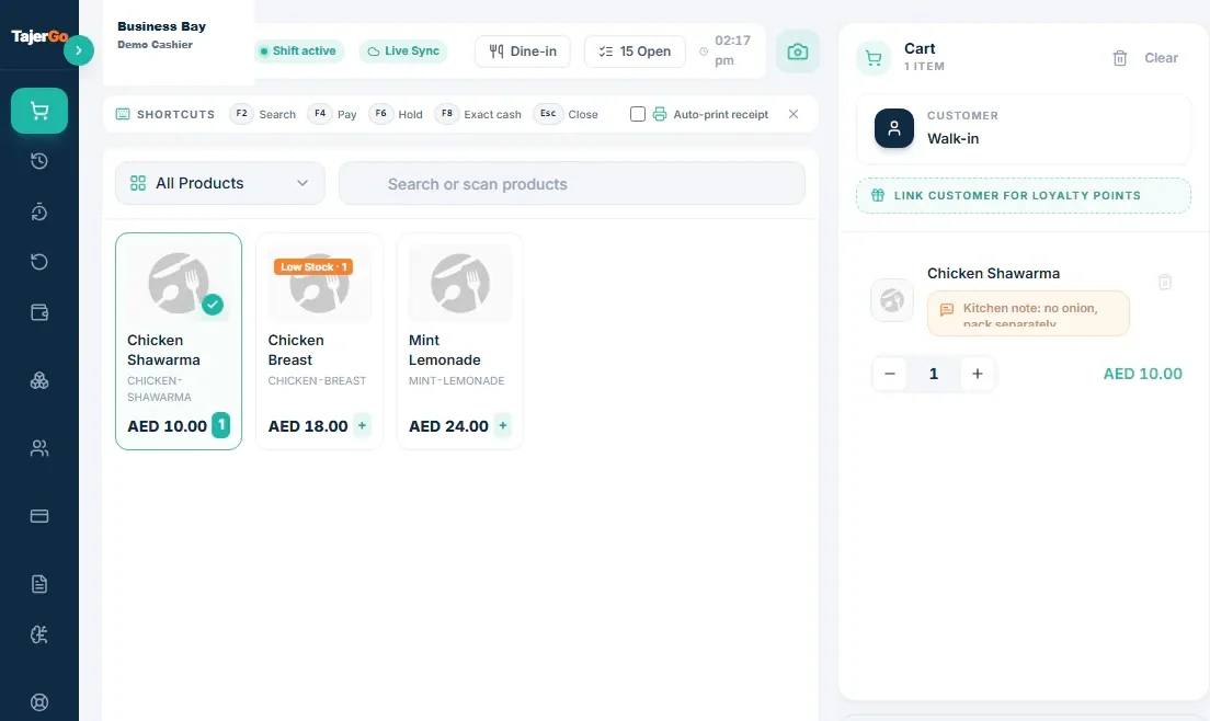 TajerGo POS till with items in the cart and the product grid, demonstration data
