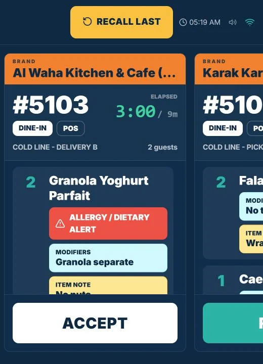 TajerGo kitchen display with the Recall last button and a ticket carrying an allergy alert, a modifier, an item note and an Accept button