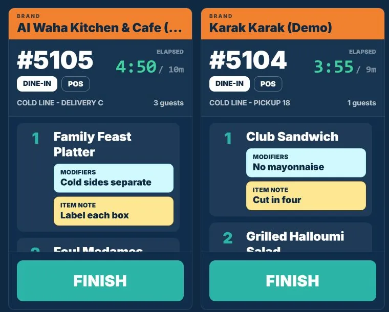 TajerGo kitchen display tickets from two brands with modifiers, item notes and timers