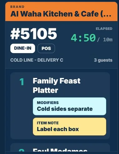 TajerGo kitchen display ticket with a modifier to keep cold sides separate and an item note to label each box