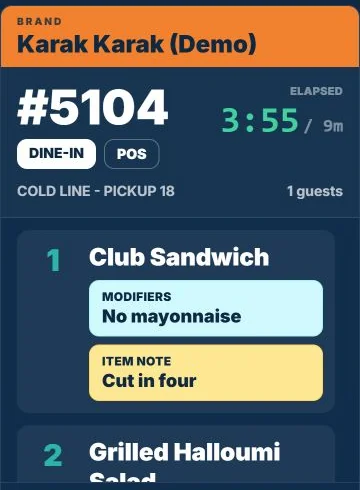 TajerGo kitchen display ticket for a pickup order with elapsed time against a nine minute target