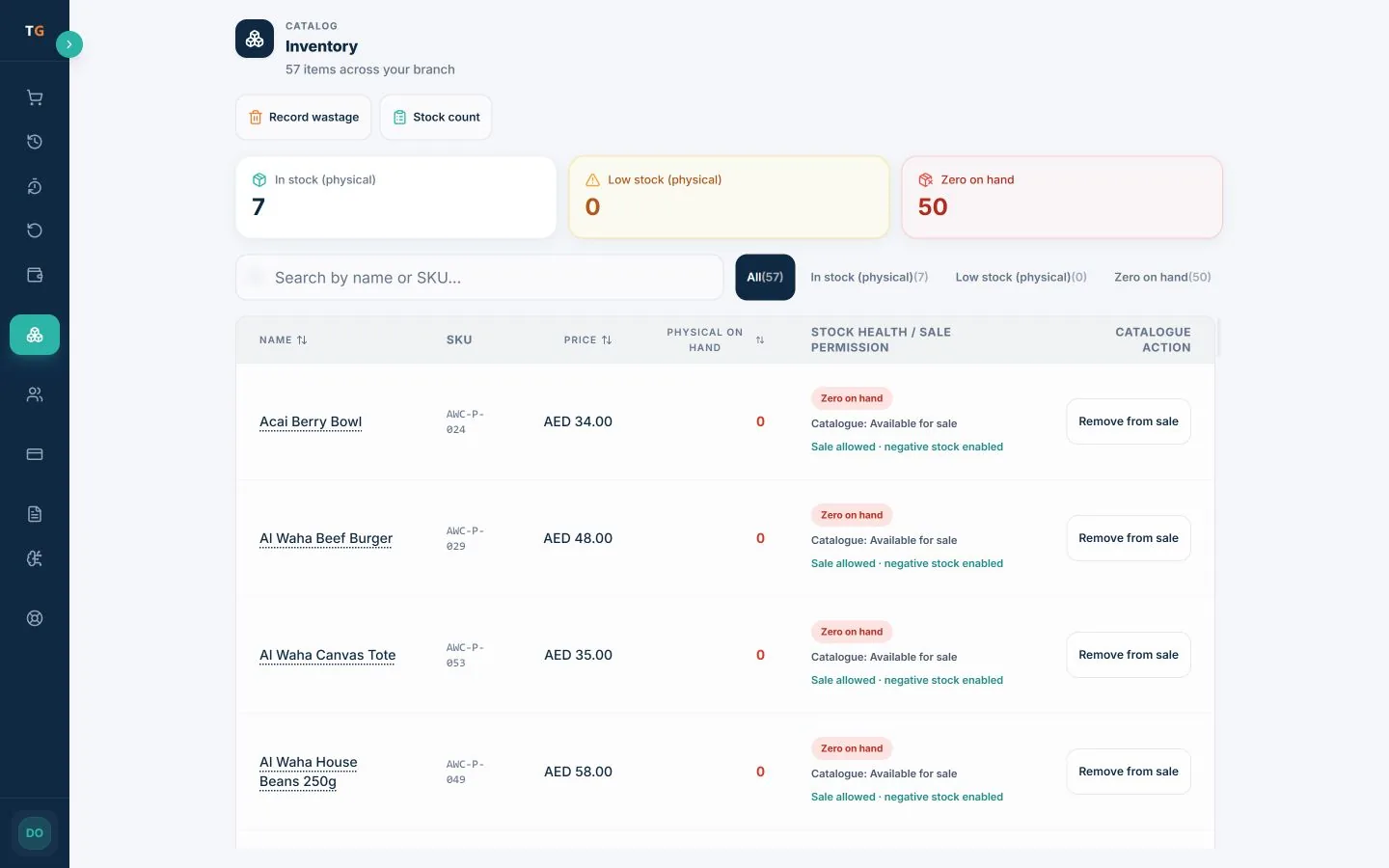 TajerGo branch inventory with on-hand quantity, zero-stock flags and sale permission per item