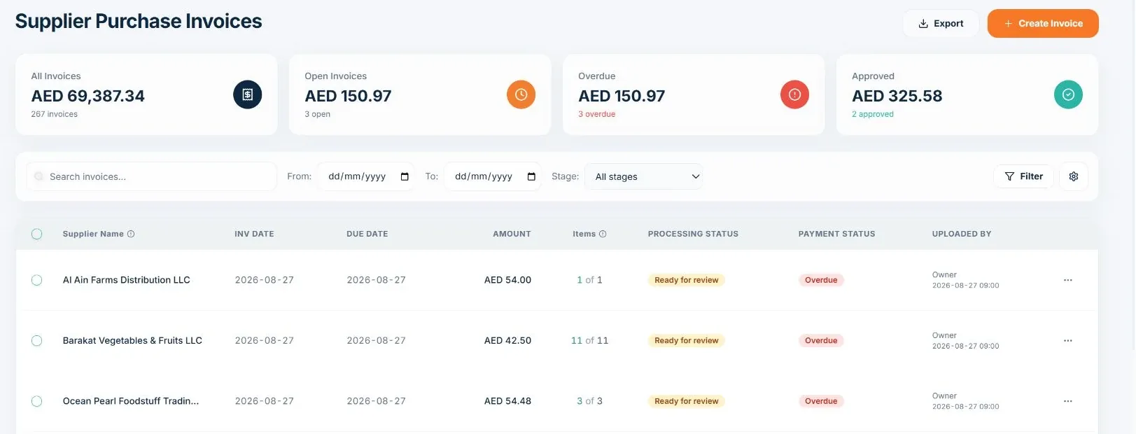 TajerGo supplier purchase invoices with totals and three invoices marked ready for review