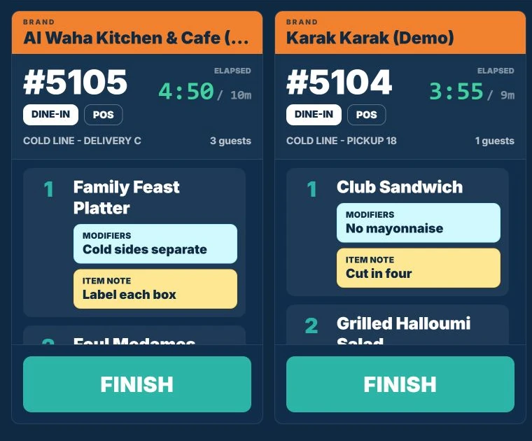 Kitchen display tickets from two demo brands in one kitchen with modifiers and packing notes