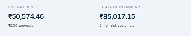 Dashboard figures showing estimated net and khata outstanding in rupees with two high-risk customers