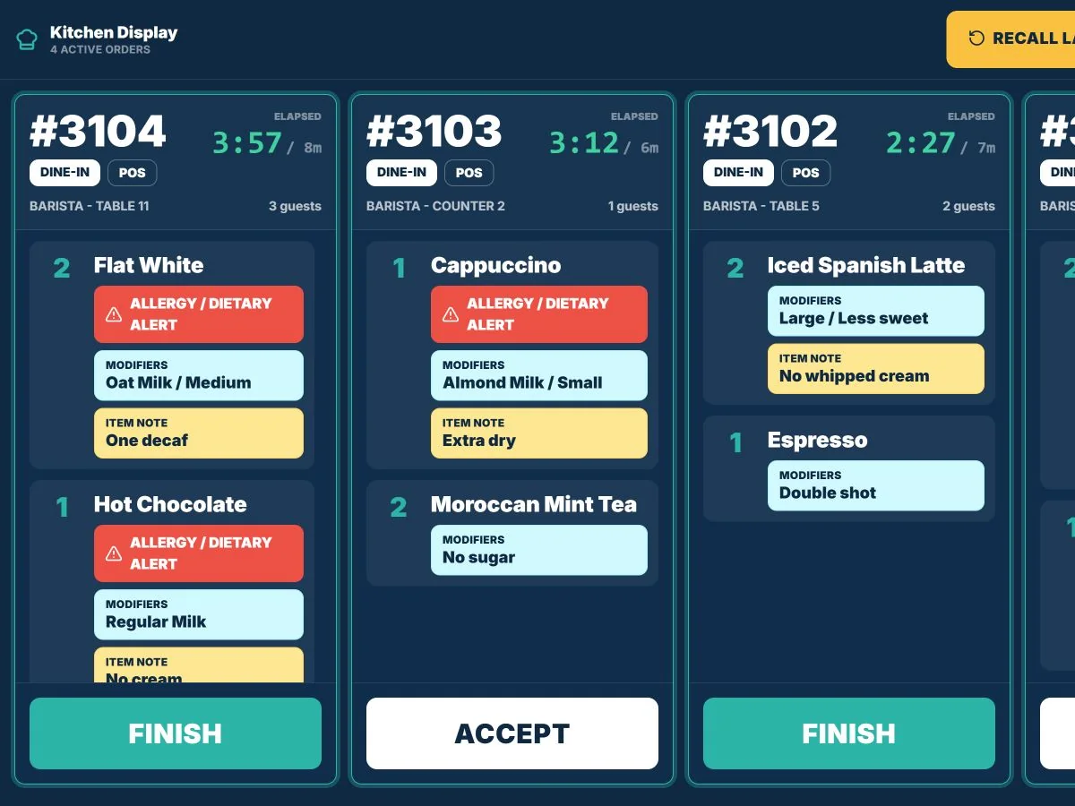 TajerGo kitchen display for a café bar with drink tickets, milk and size modifiers and allergy alerts