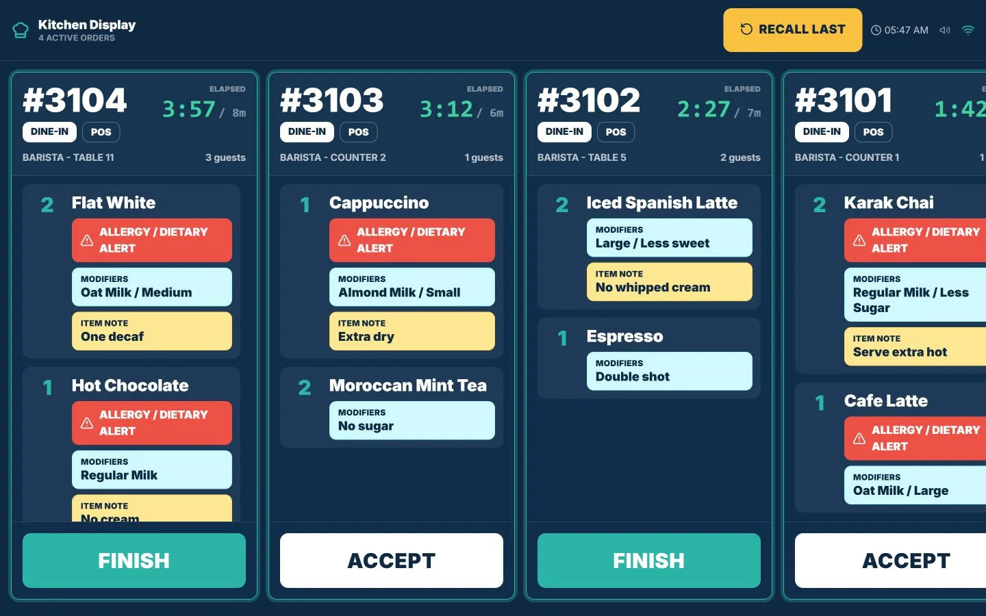 TajerGo kitchen display with four café tickets, elapsed timers, Accept and Finish buttons