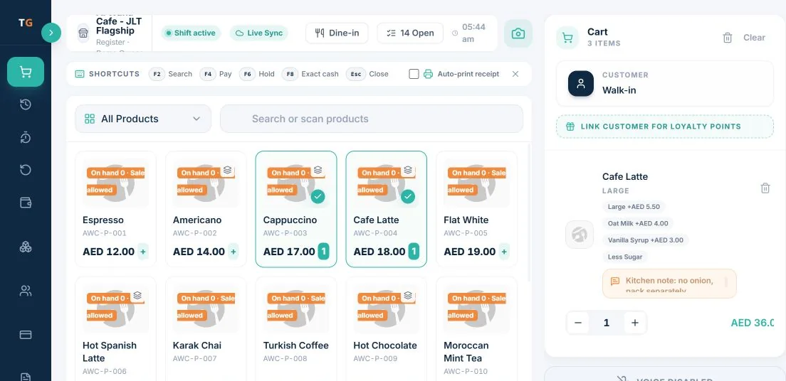 TajerGo POS till with a large Cafe Latte, oat milk and vanilla syrup modifiers and their prices in the cart