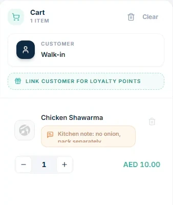 TajerGo POS cart with the walk-in customer card, the link customer for loyalty points button and a cart line with a kitchen note