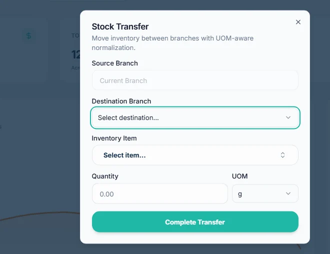 TajerGo stock transfer dialog for moving inventory between branches with source branch, destination branch, item, quantity and unit