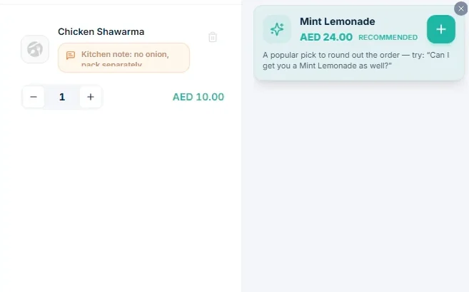 TajerGo POS cart with a chicken shawarma and a kitchen note, beside a recommended mint lemonade add-on card the cashier can add or dismiss