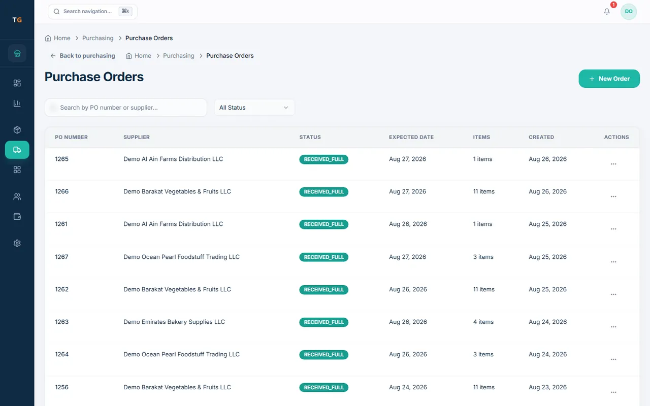 TajerGo purchase orders list with suppliers, expected dates and received status