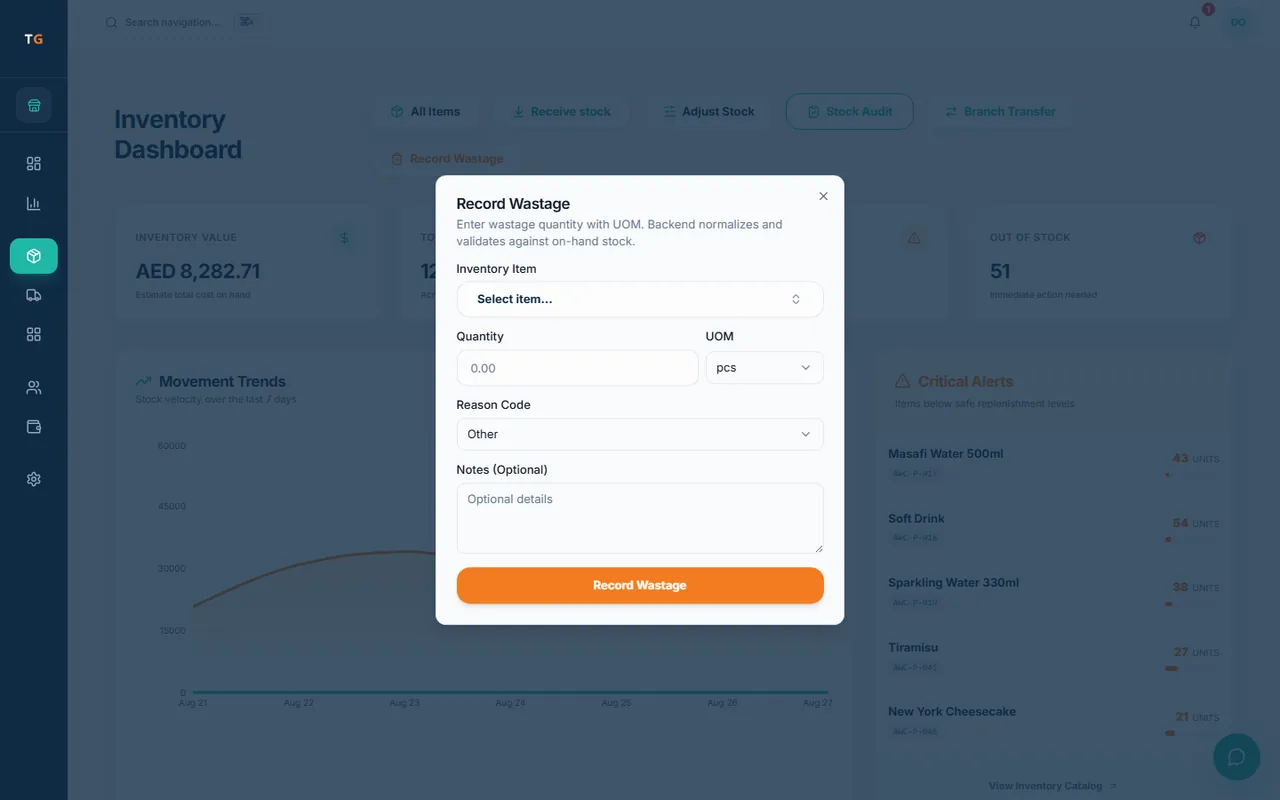 TajerGo record wastage dialog with item, quantity, unit, reason code and notes