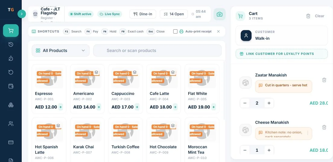TajerGo POS till with a dine-in order for Zaatar Manakish and Cheese Manakish, each line carrying a kitchen note