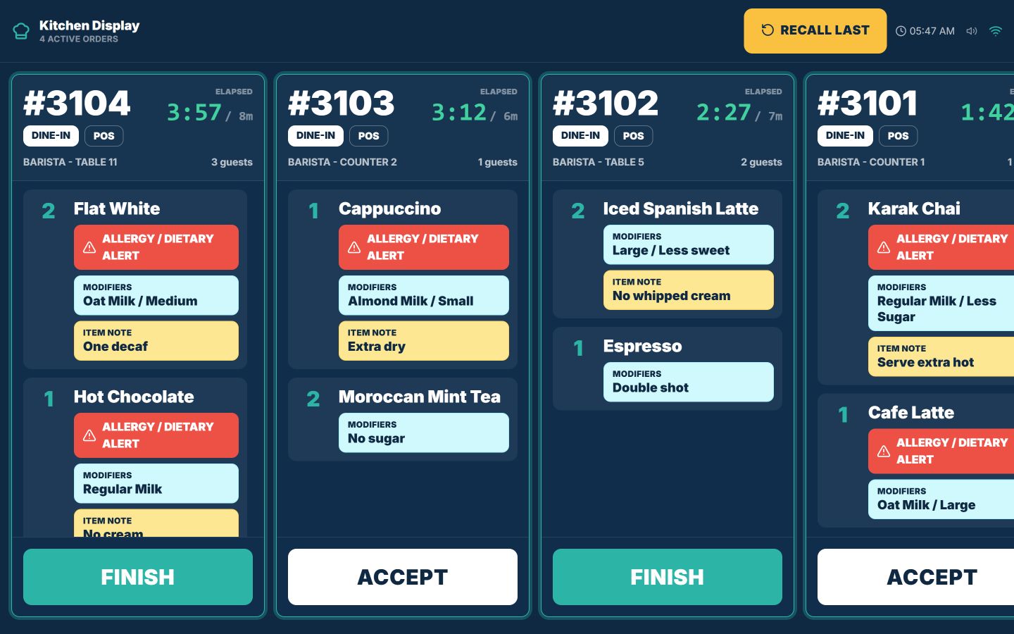 TajerGo kitchen display for a café barista station with drink tickets, size and milk modifiers and allergy alerts