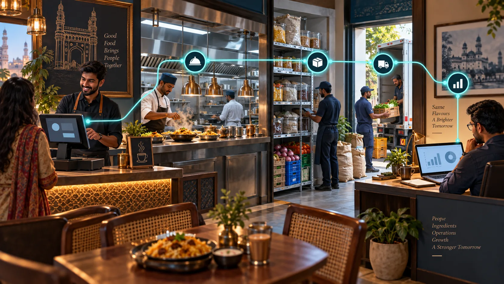 Illustration of a Hyderabad restaurant connecting counter, kitchen, stock, receiving and reporting