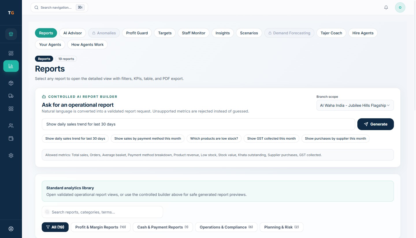 TajerGo India report library with GST-labelled workflows