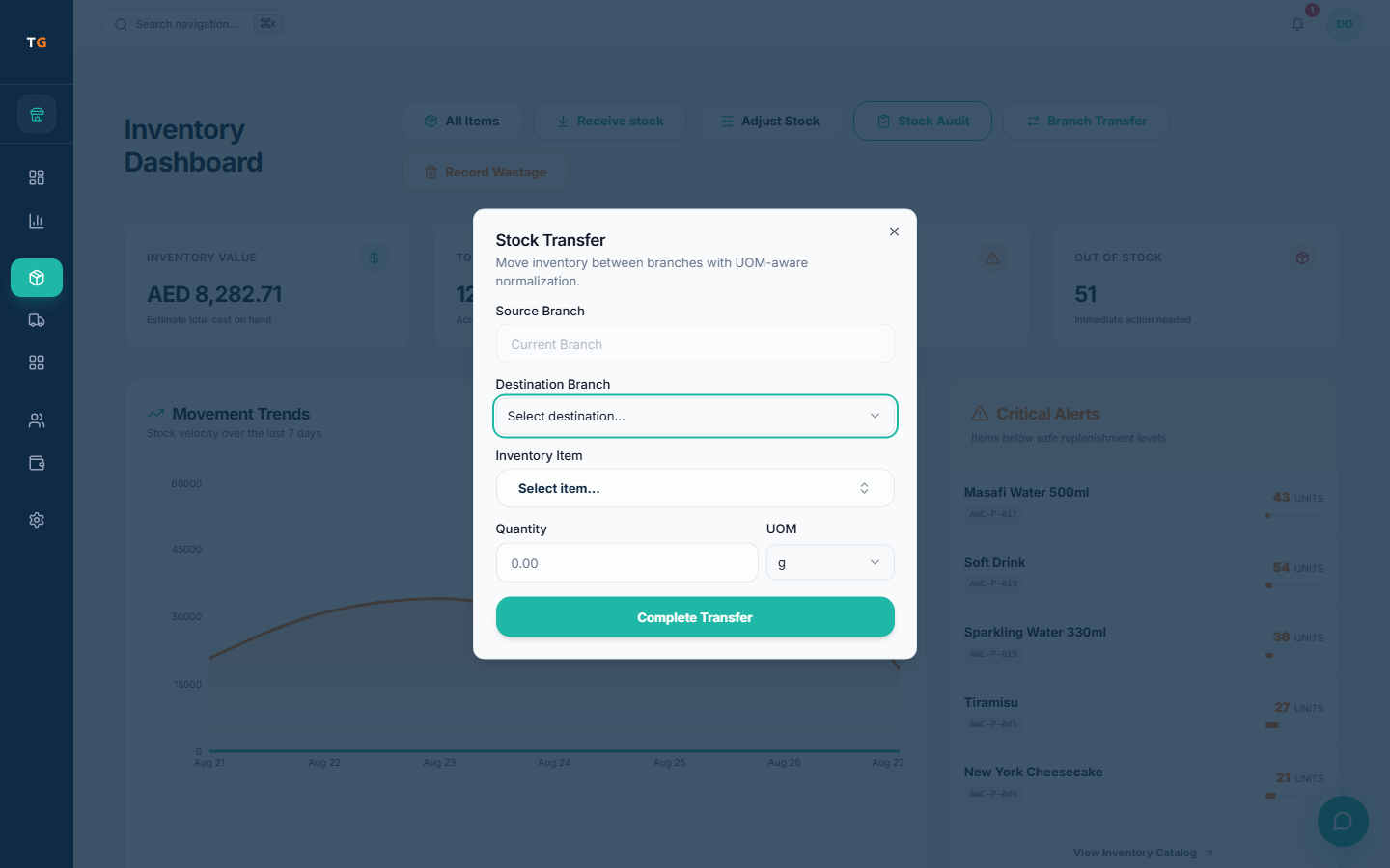 TajerGo stock transfer dialog over the inventory dashboard, with source branch, destination branch, item, quantity and unit