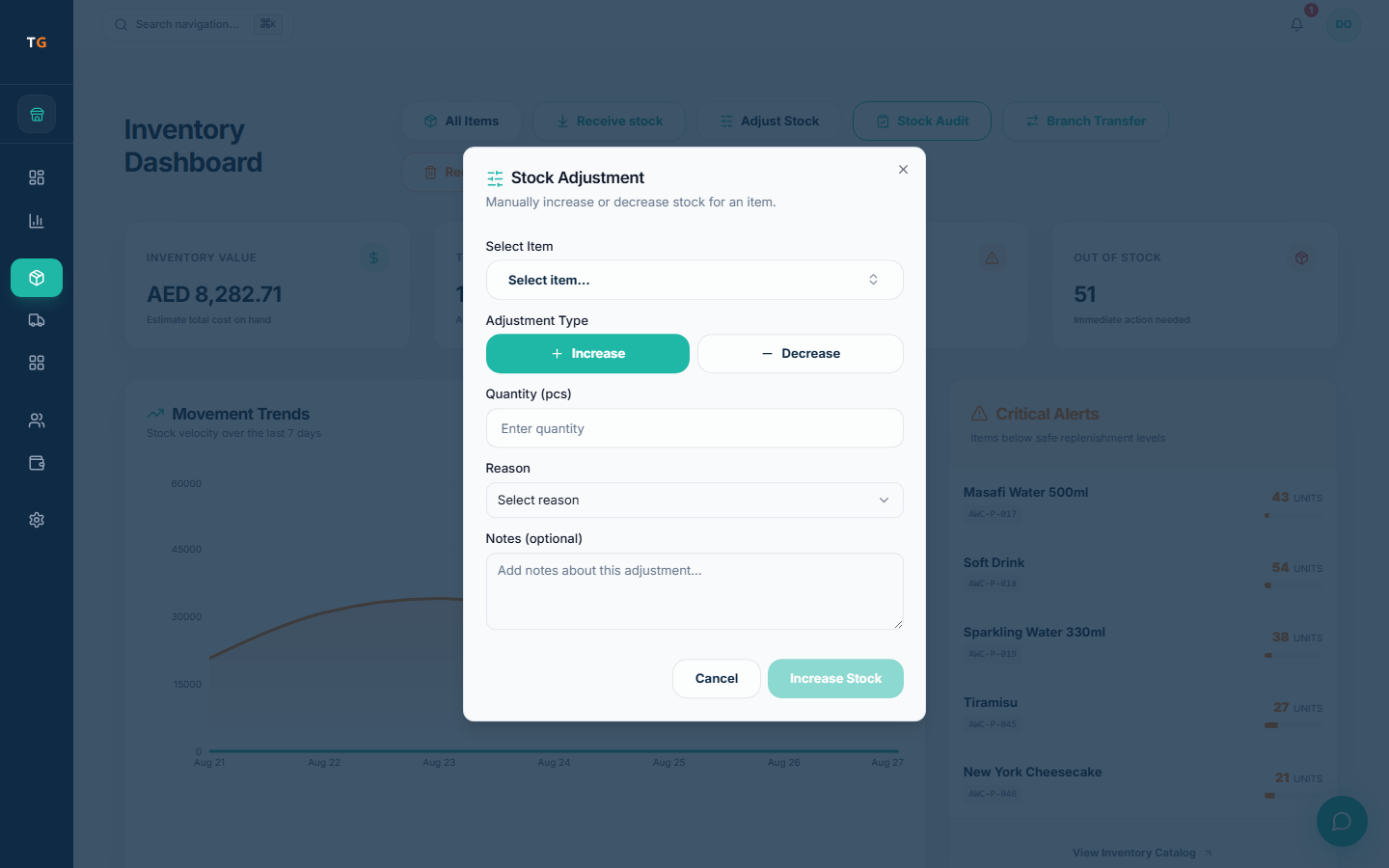 TajerGo stock adjustment dialog asking for the item, increase or decrease, quantity and a reason