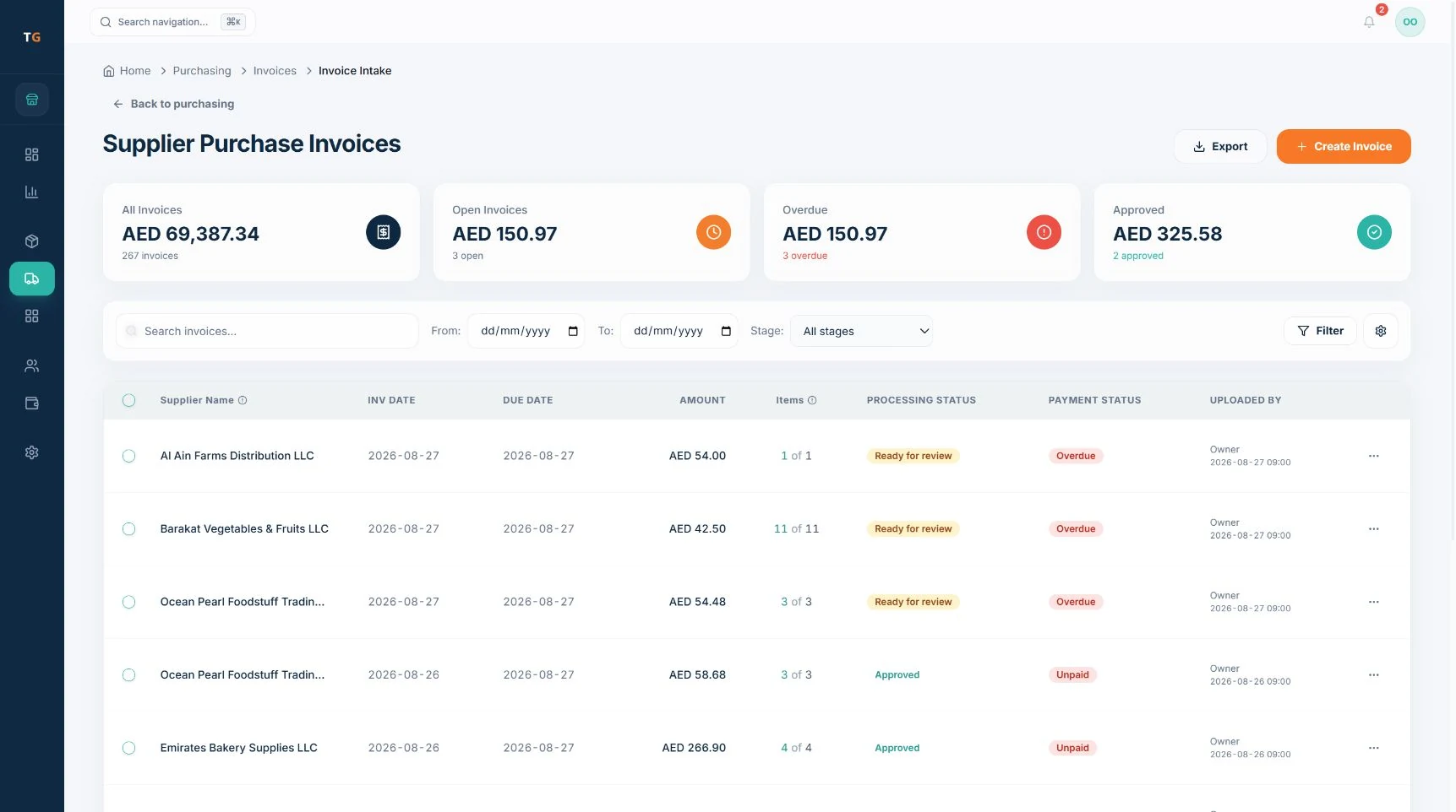TajerGo supplier purchase invoices list with invoices marked Ready for review, demonstration data