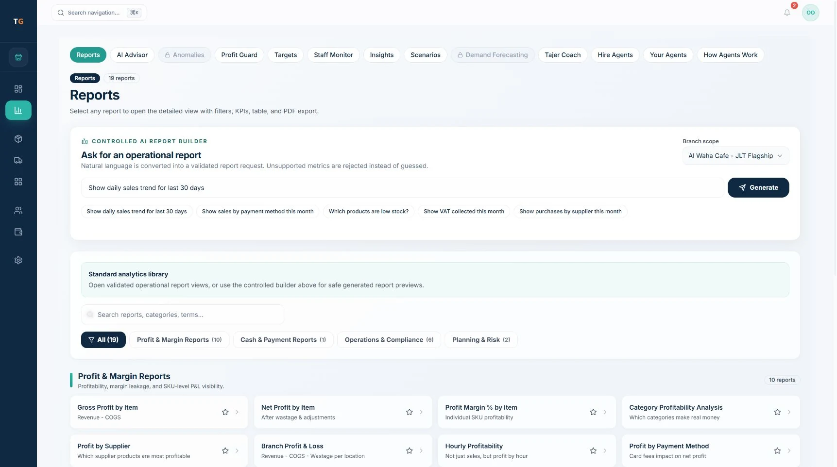 TajerGo reports page with the report builder, branch scope and the profit and margin report library