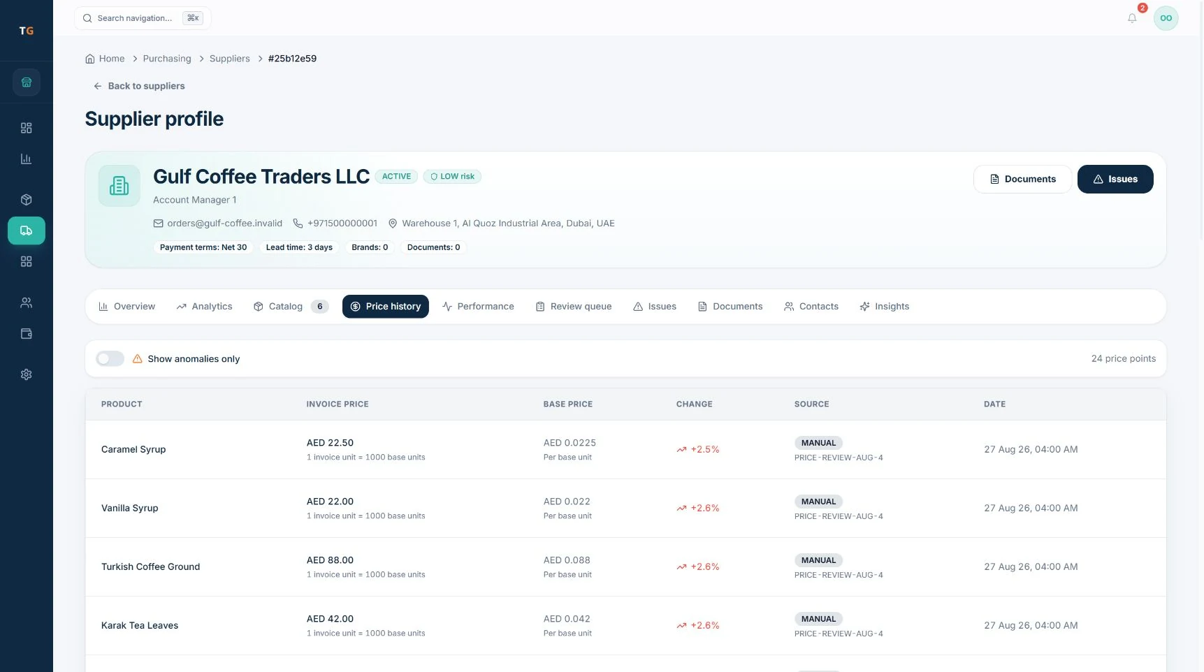 TajerGo supplier profile price history with invoice price, base unit price, change percentage, source and date for each product