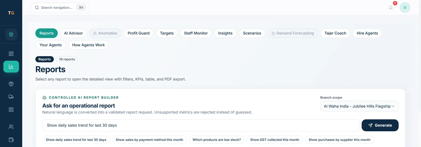 TajerGo controlled AI report builder with a typed question, demonstration data
