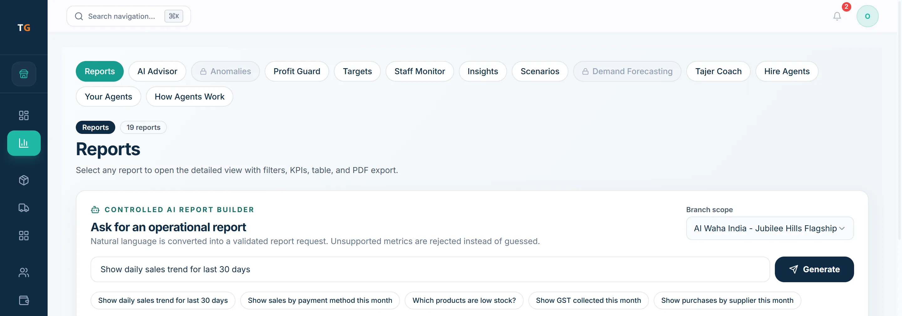 Controlled AI report builder with a sales trend question, GST prompt and branch scope