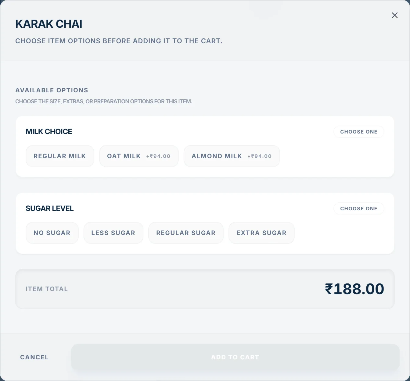 POS item options with rupee prices