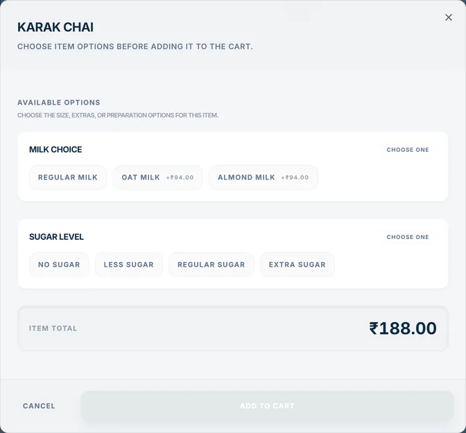TajerGo POS item options for Karak Chai with a ₹188.00 item total, demonstration data
