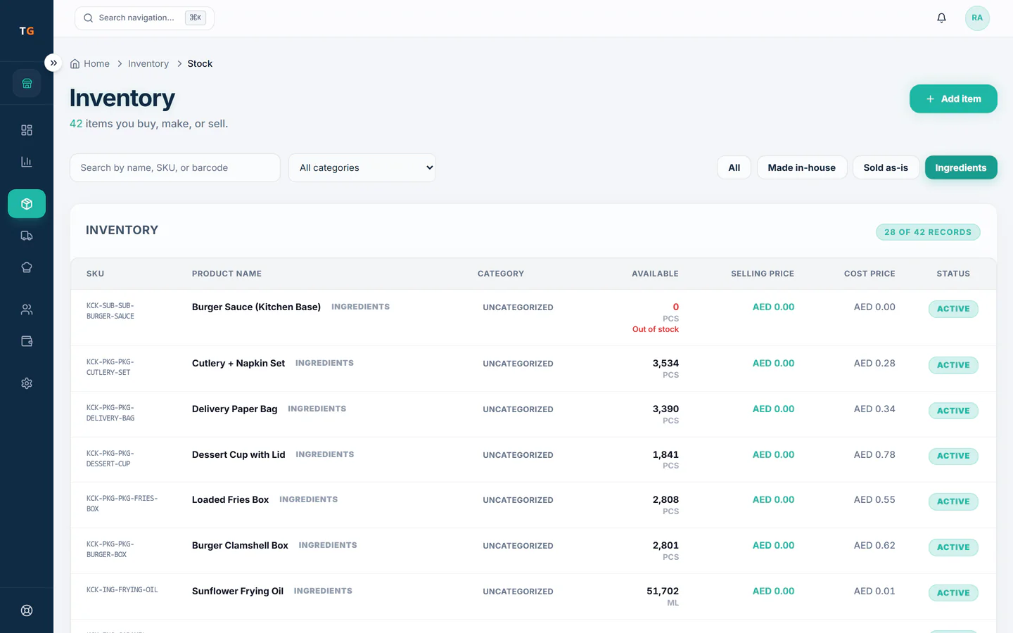TajerGo inventory list with stock on hand, units and low stock warnings, Karama Cloud Kitchen demo tenant