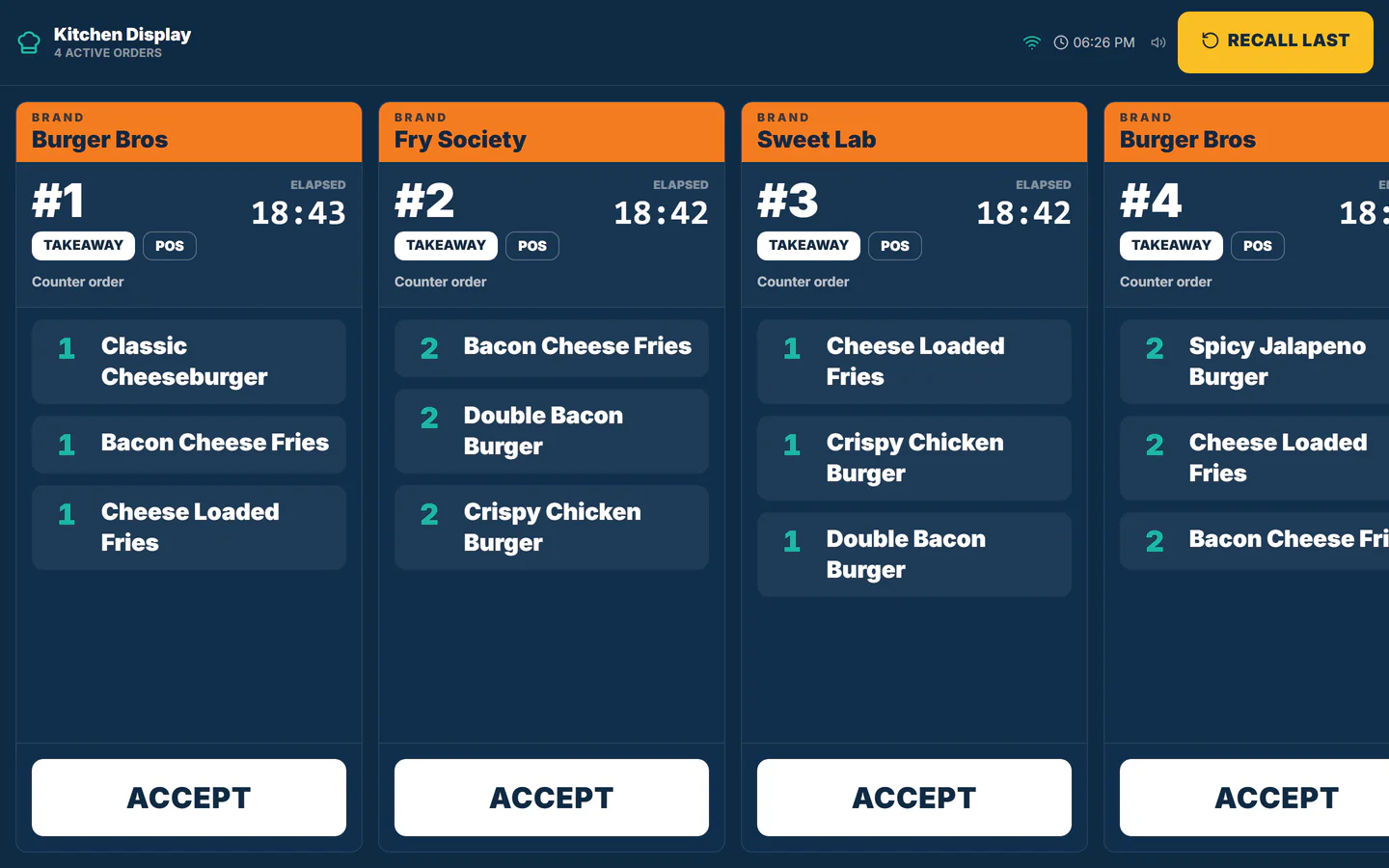 TajerGo kitchen display with live order tickets, elapsed timers and item notes, Karama Cloud Kitchen demo tenant