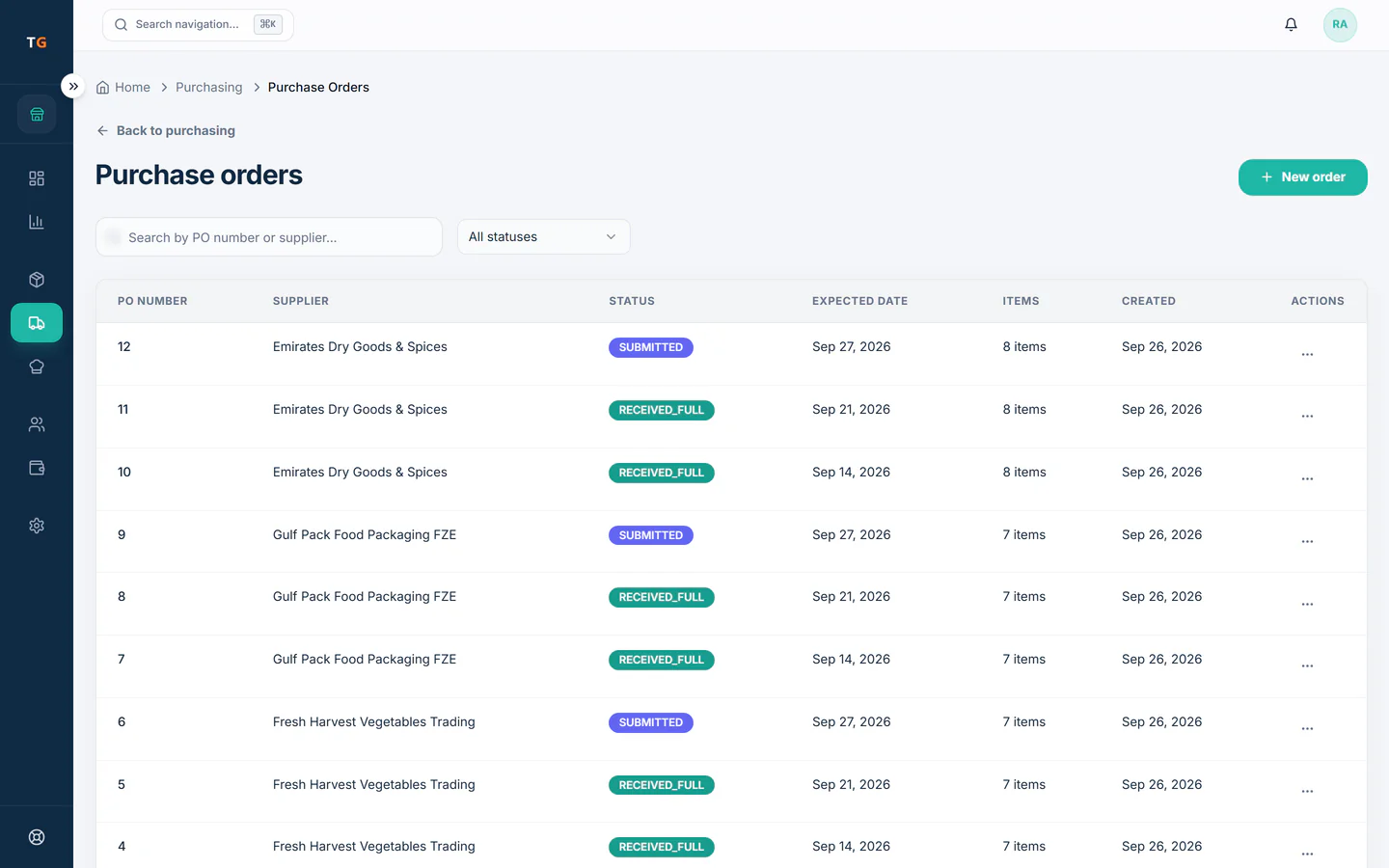TajerGo purchase orders list with received, partially received, submitted and draft orders, Karama Cloud Kitchen demo tenant