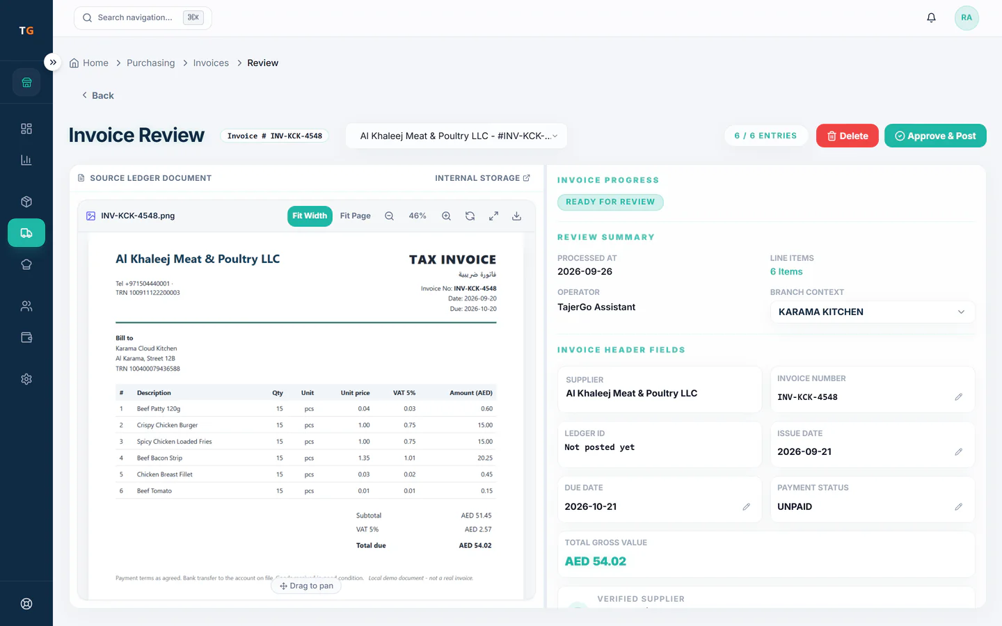 TajerGo supplier invoice review with the tax invoice image beside the extracted header fields, marked ready for review, Karama Cloud Kitchen demo tenant