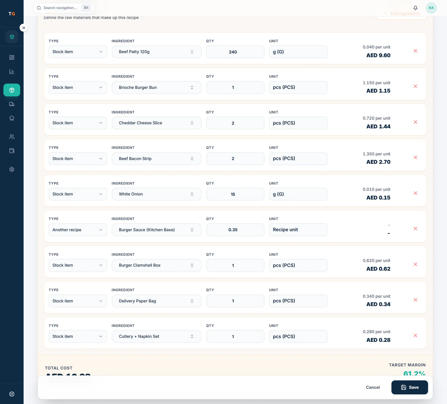 TajerGo recipe ingredients with the cost of each line, the total recipe cost and the target margin, Karama Cloud Kitchen demo tenant