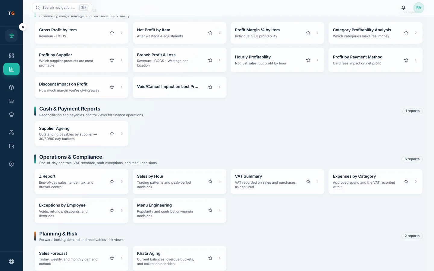 TajerGo standard reports library grouped by sales, profit, stock and suppliers, Karama Cloud Kitchen demo tenant