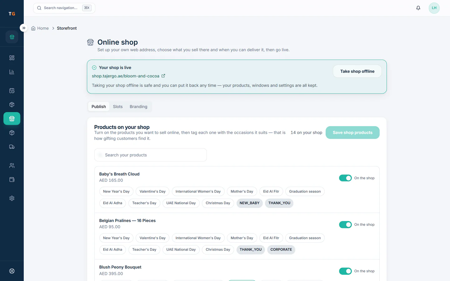 TajerGo online shop settings with live status and published products tagged by occasion, Bloom & Cocoa Flowers demo tenant