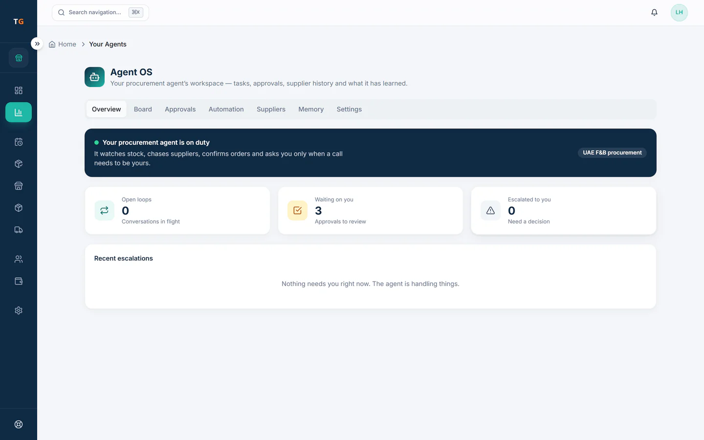 TajerGo Agent OS overview for the Procurement Agent with its status, recent activity and pending approvals, Bloom & Cocoa Flowers demo tenant